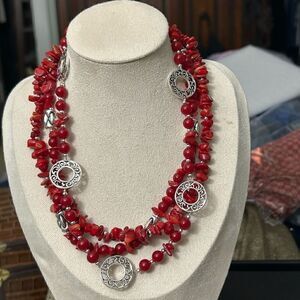 Premier Designs Beaded Necklace Red And Silvertone Triple Strand Adjustable